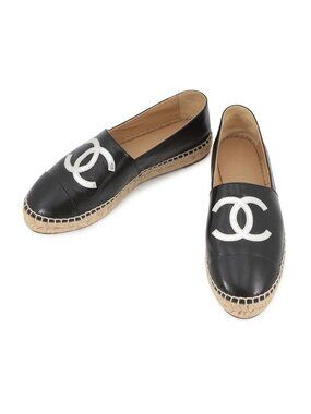 Chanel Espadrilles CC Logo Flat Shoes Patent Leather Slip On Black 37